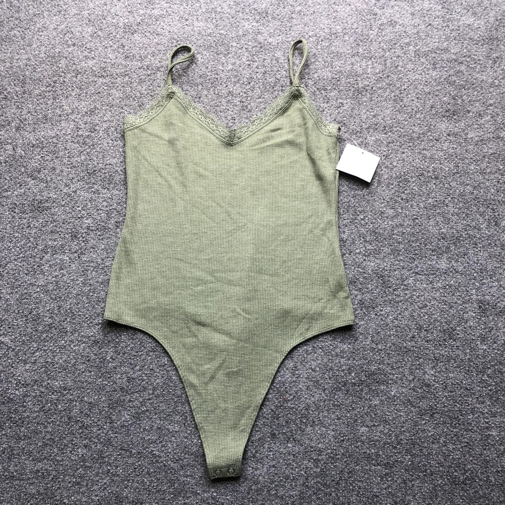 American Eagle Bodysuit Womens Large Green Lace Trim Ribbed Adjustable Straps
